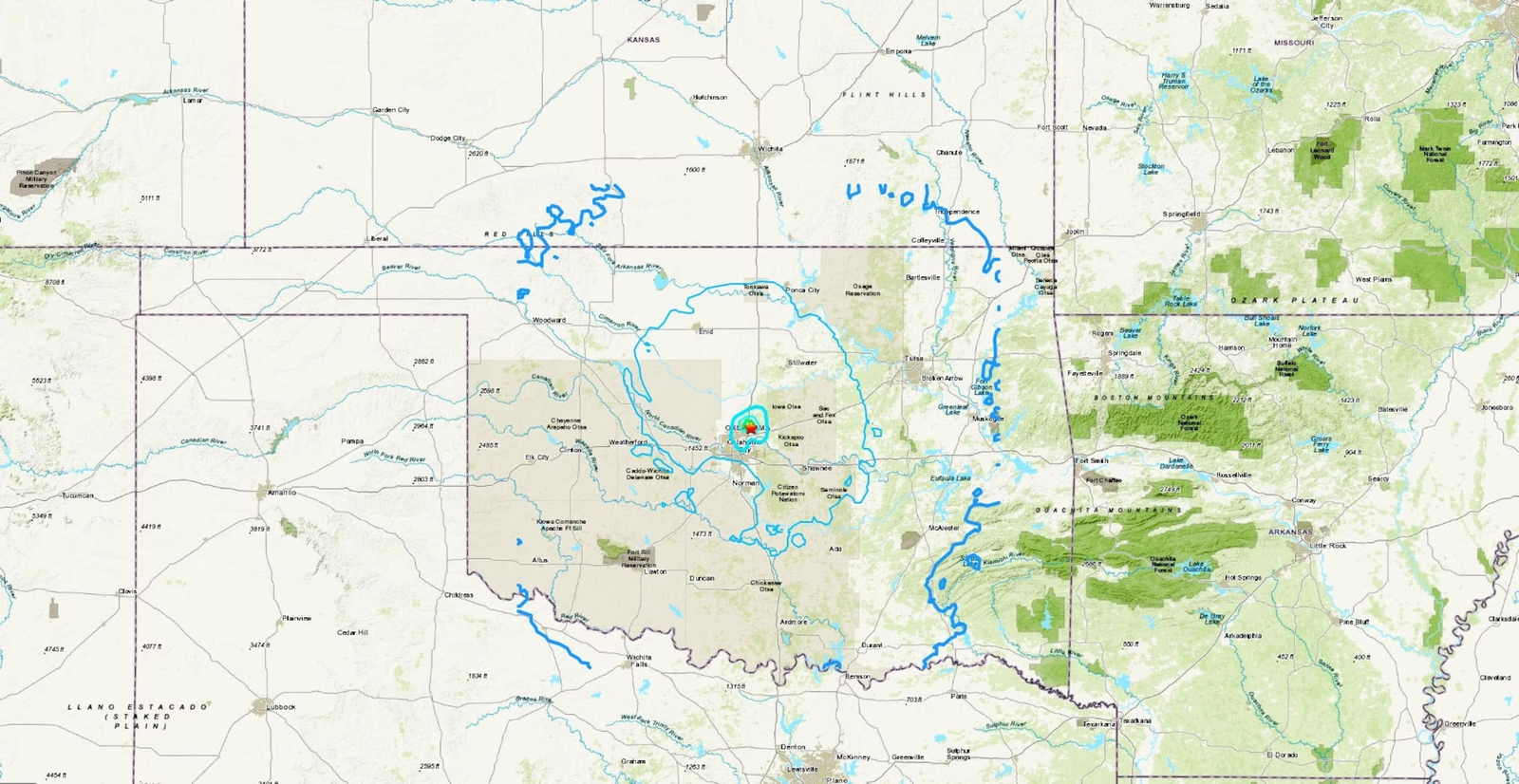 This map from the USGS shows the epicenter of an earthquake near Oklahoma City on Jan 13, 2024.